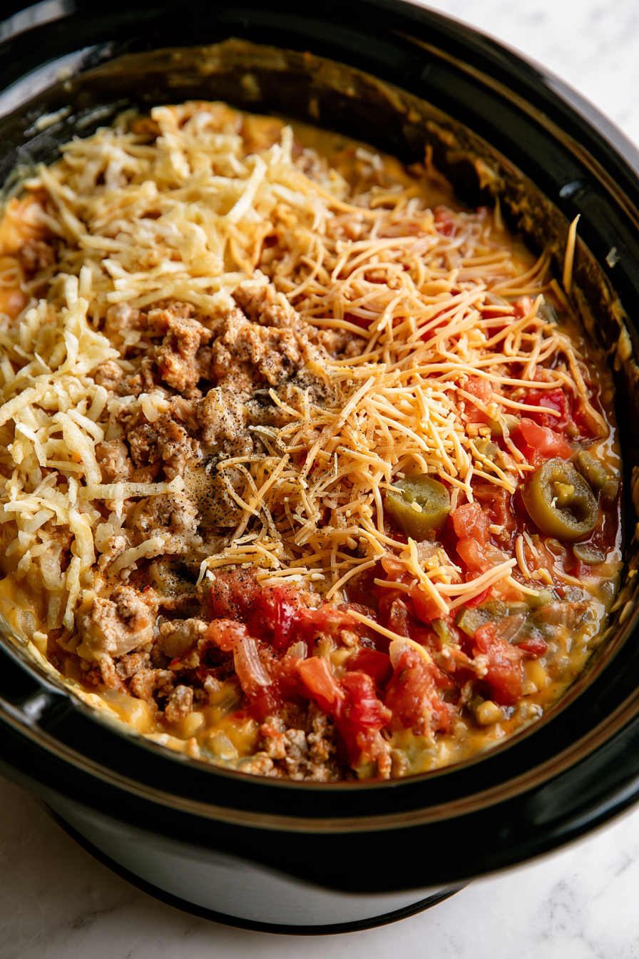 Add the frozen hash browns, seasoned turkey mixture, cheese soup, Rotel, black pepper, and 1 cup of the shredded cheese to a 6-quart slow cooker