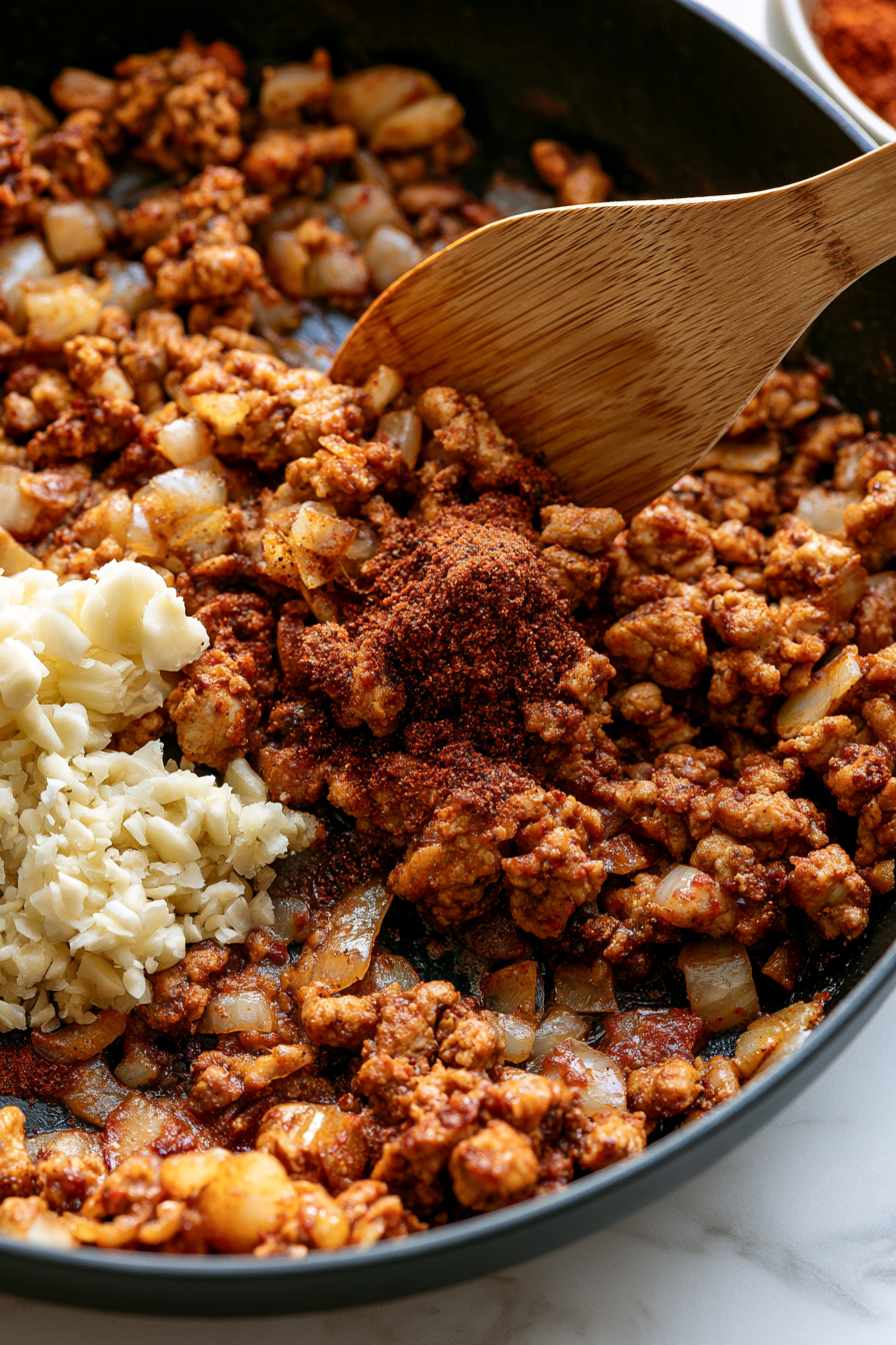 Add the minced garlic and cook for about 30 seconds. Stir in the taco seasoning and cook for another minute