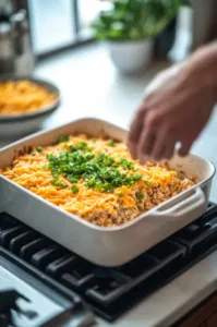 A casserole dish on the white marble cooktop is topped with ½ cup shredded cheddar cheese, and diced green onions are sprinkled on top. The scene highlights the vibrant cheese and garnish before baking.