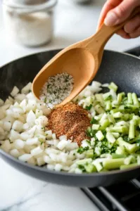 Sautéed onions, celery, and bell pepper in a skillet on a white marble cooktop. Minced garlic, dried parsley, Creole seasoning, dried basil, salt, pepper, dried dill, Old Bay seasoning, and thyme are being added. The scene emphasizes the fragrant addition of aromatic seasonings.