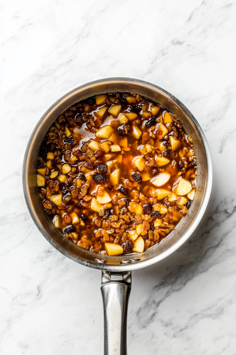 This image shows freshly chopped honeycrisp apples being added to the simmering chutney mixture, where they soften and absorb the delicious flavors of spices and sweeteners.