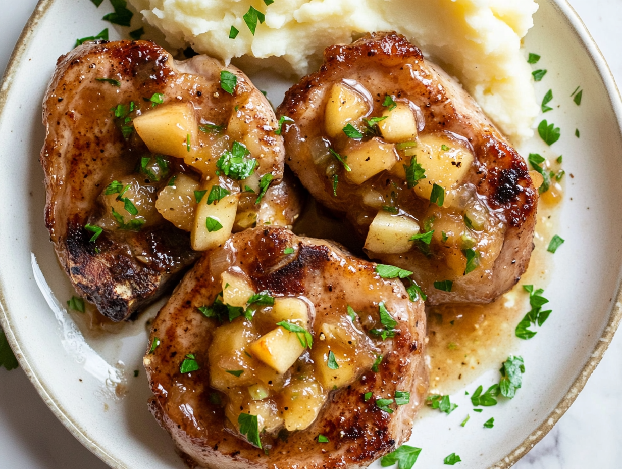 This image shows the beautifully plated apple chutney pork chops, paired with creamy mashed potatoes and garnished with freshly chopped parsley, making for a comforting and flavorful meal.