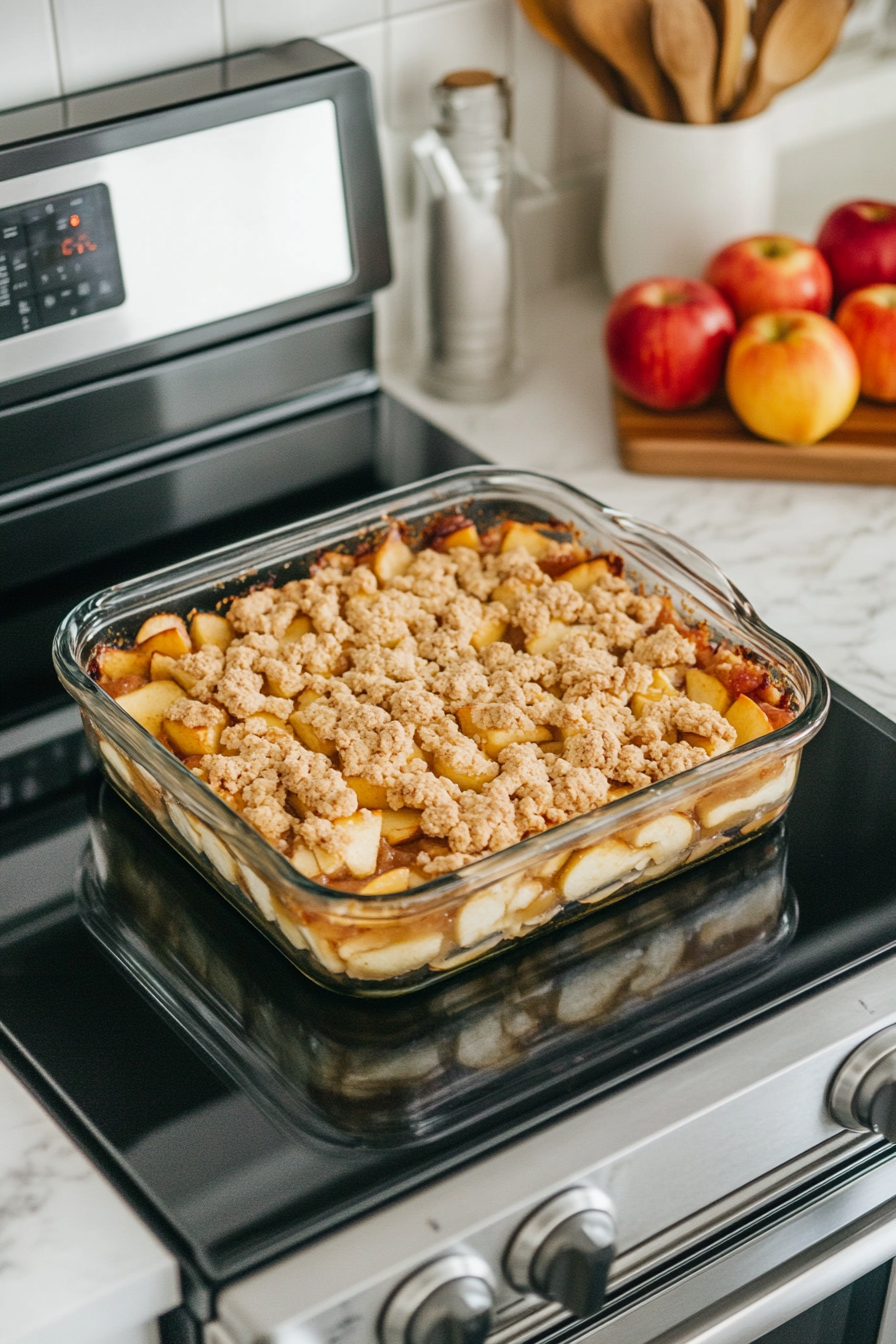 This image shows the apple crisp in the oven as it bakes, with the topping turning golden brown and the apples softening underneath, signaling the dessert is nearly ready.