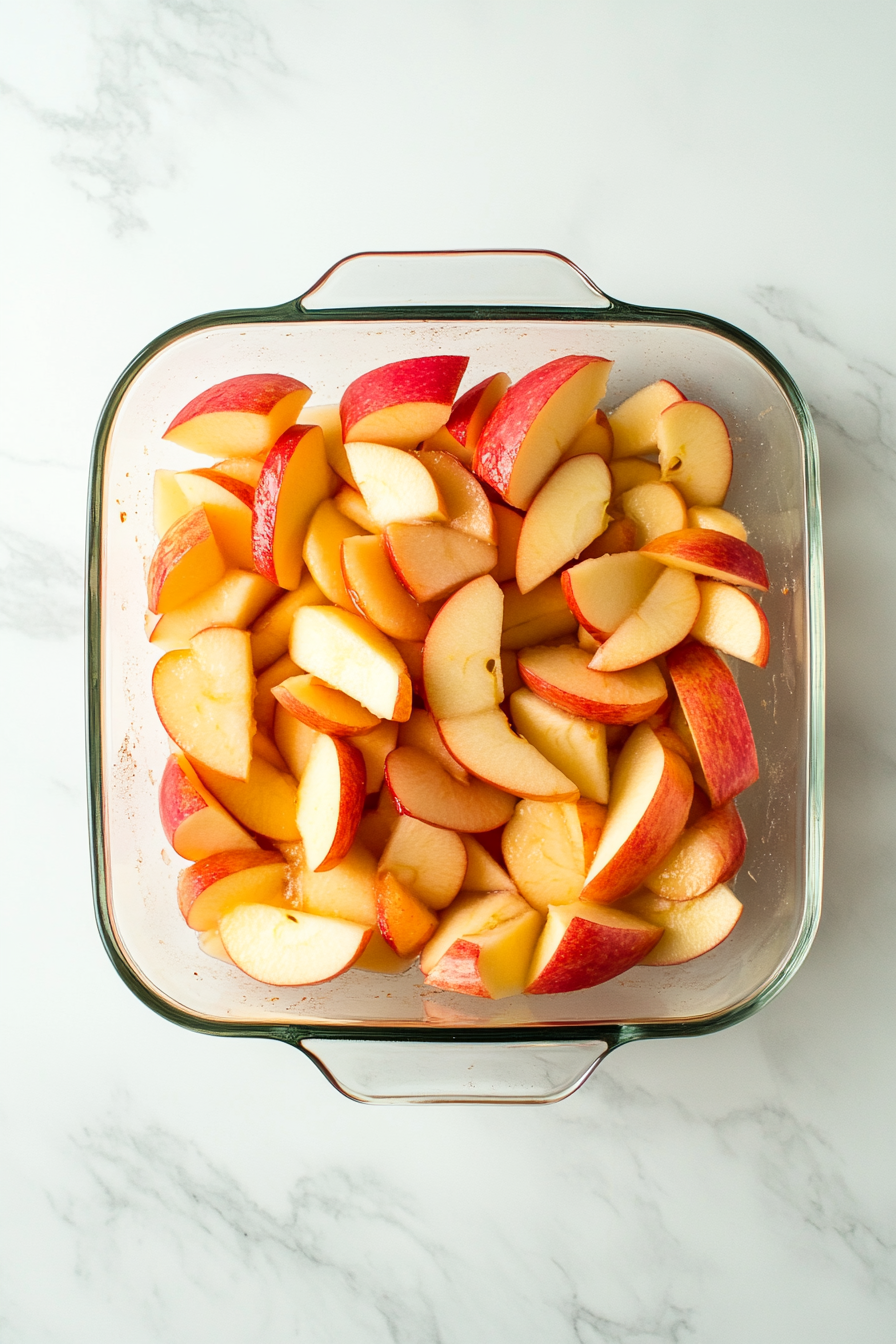 This image shows medium tart apple slices being arranged evenly across the greased baking dish, forming the fruit base for the apple crisp dessert.