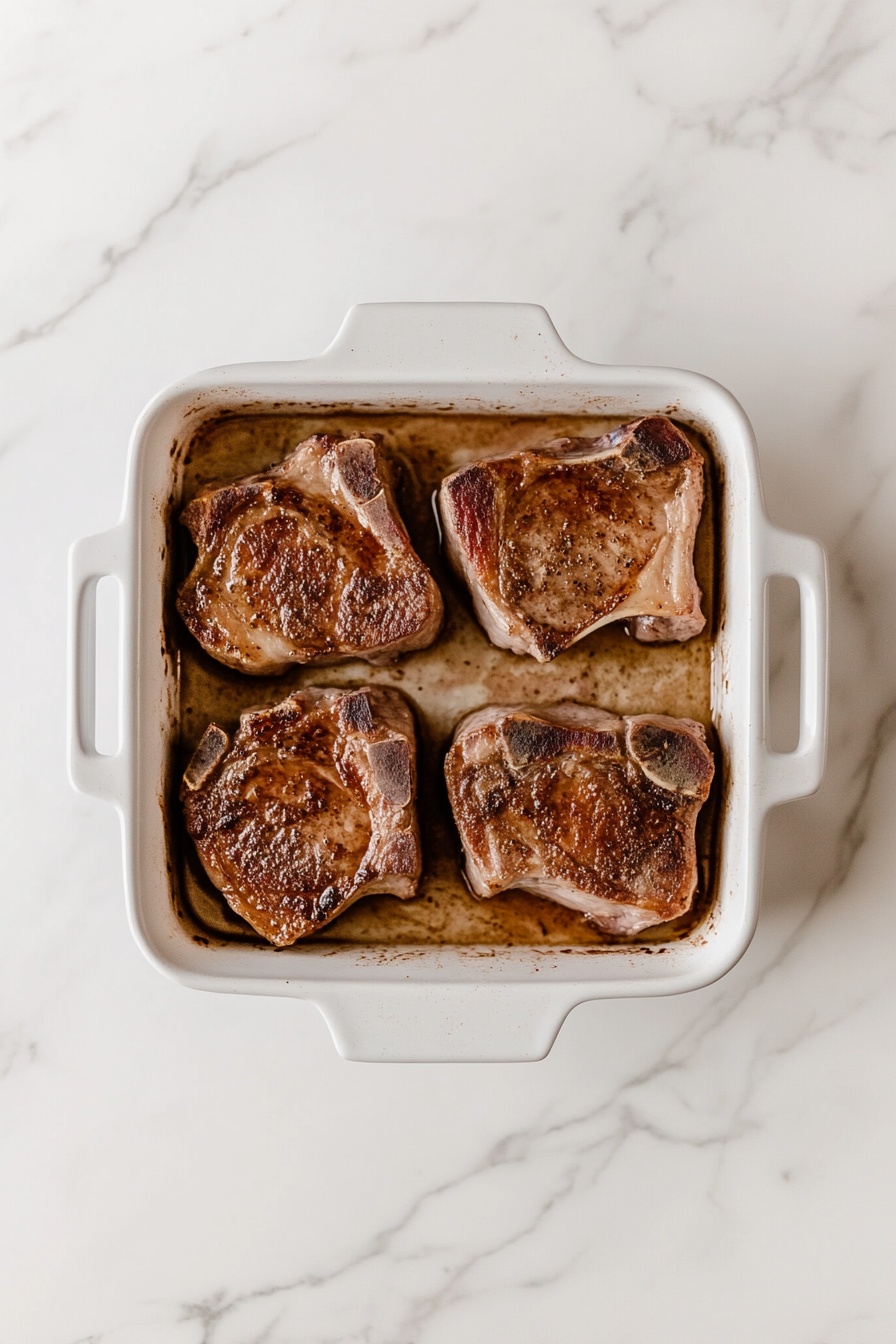 This image shows the pork chops being baked in a preheated oven, ensuring they cook evenly and reach the perfect internal temperature.