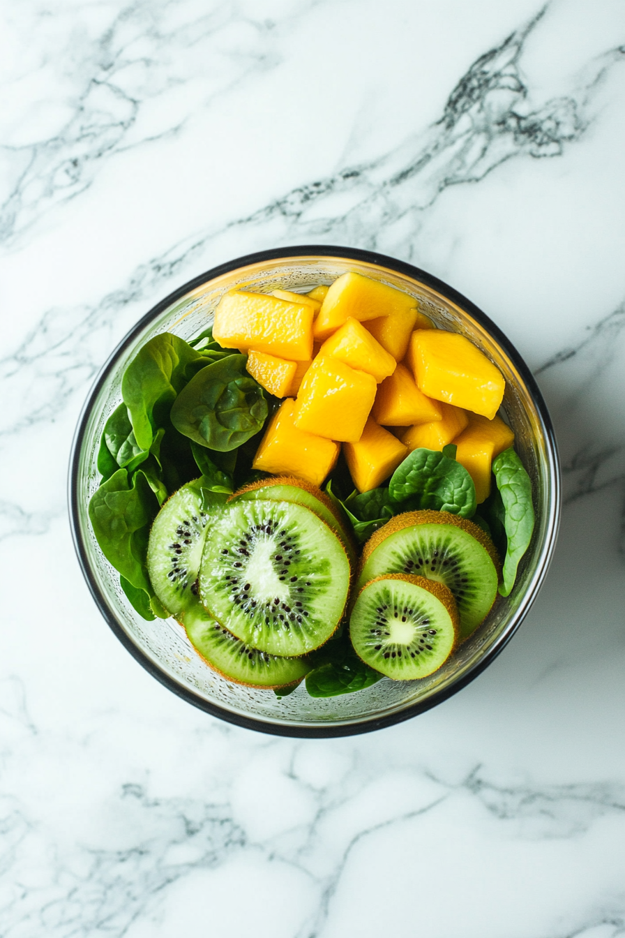 This image shows a high-speed blender in action, blending frozen mangoes, kiwis, spinach, coconut water, and coconut milk into a smooth, vibrant mixture for the Mango Kiwi Smoothie.