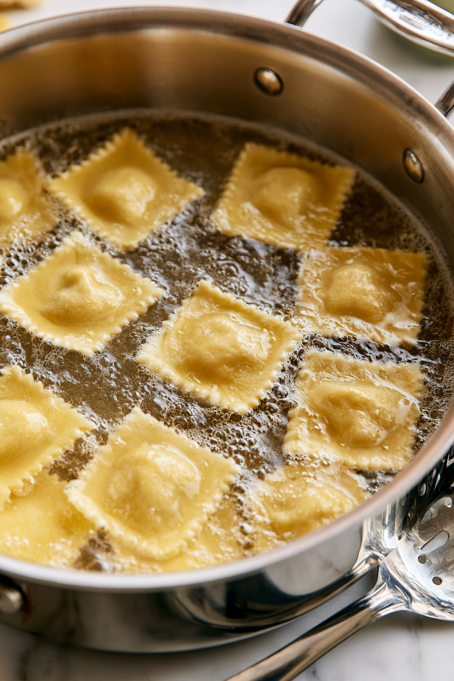 Bring a large pot of salted water to a boil. Cook ravioli in batches for 2–3 minutes, or until they float