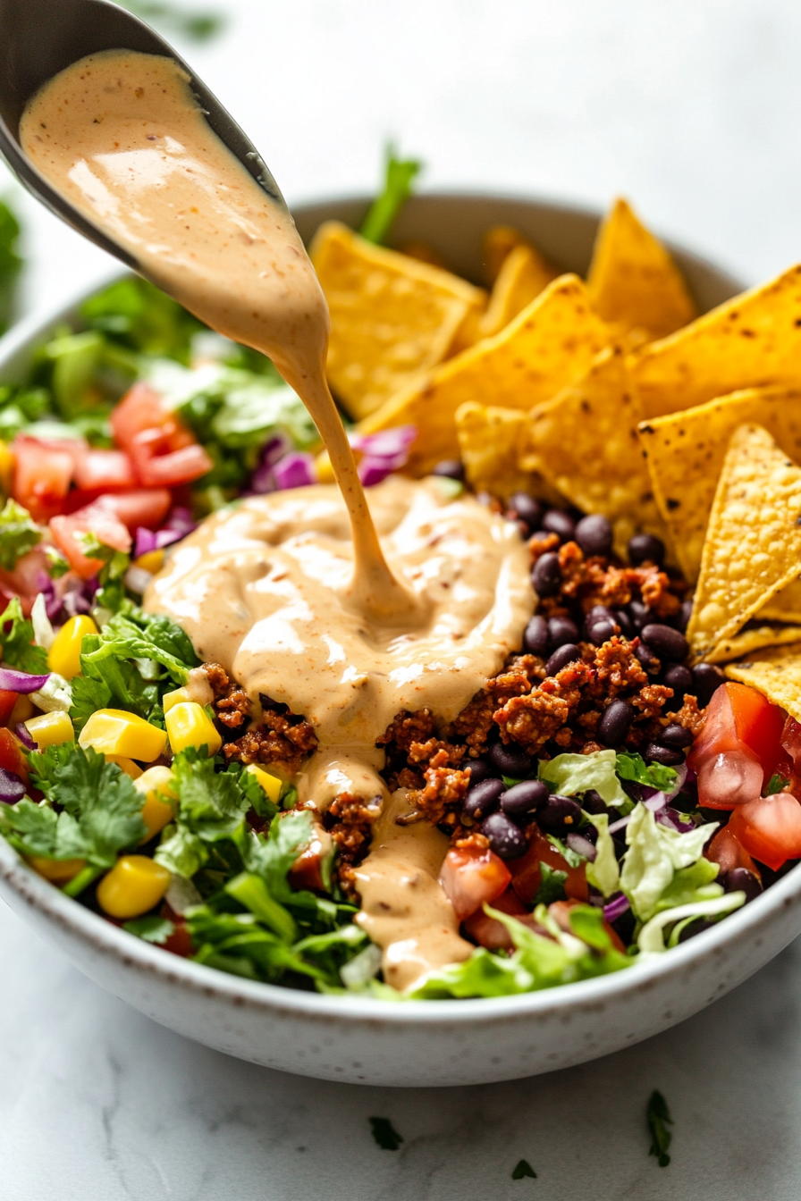 This image shows a hand gently drizzling a tangy dressing over a colorful salad, accentuated with Taki seasoning for added zest and flavor.