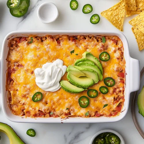 The finished casserole is on a serving platter, topped with dollops of sour cream, fresh avocado slices, jalapeño slices, and crumbled tortilla chips. The scene showcases the inviting presentation, ready to be served and enjoyed.