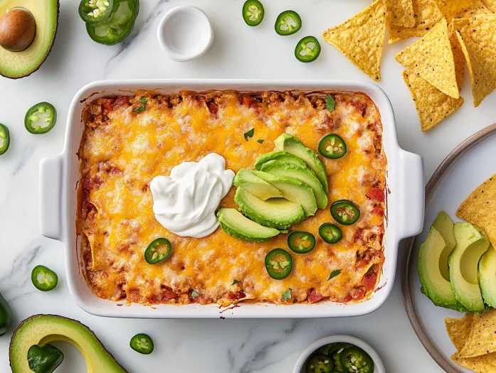 The finished casserole is on a serving platter, topped with dollops of sour cream, fresh avocado slices, jalapeño slices, and crumbled tortilla chips. The scene showcases the inviting presentation, ready to be served and enjoyed.