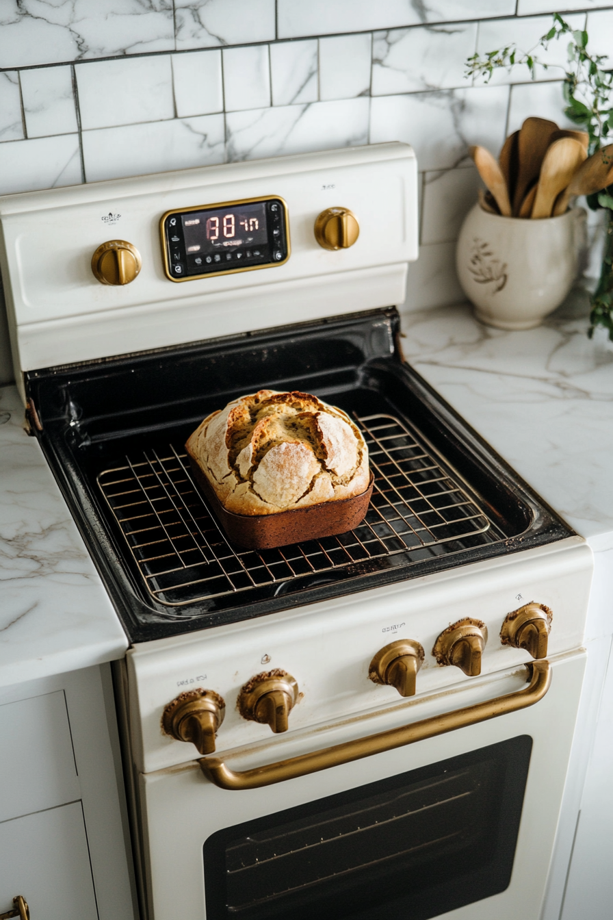 This image shows the bread pan filled with layered ingredients being baked in the oven, set at 350°F, with the bread rising and the cinnamon swirl becoming beautifully golden.