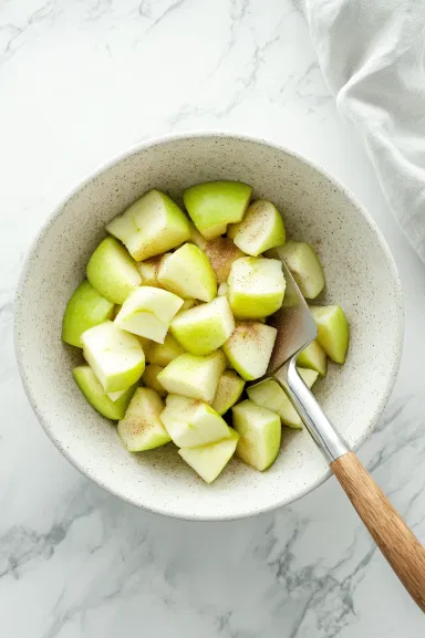 A medium bowl filled with chopped Granny Smith apples being coated with 2 tablespoons of sugar and 1 teaspoon of cinnamon. A spatula is stirring the mixture, highlighting the contrast between the vibrant green apples and the sugar-cinnamon coating