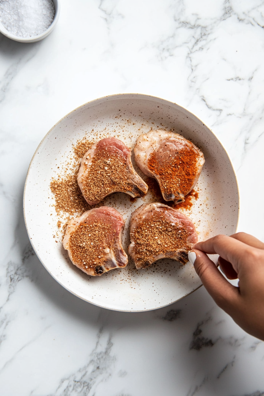 This image shows the beautifully plated apple chutney pork chops, paired with creamy mashed potatoes and garnished with freshly chopped parsley, making for a comforting and flavorful meal.