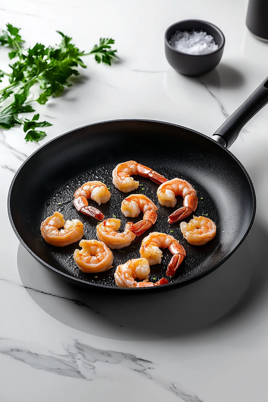 This image shows large shrimp being cooked in butter until pink and fully cooked, creating a savory and juicy filling for the zucchini boats.