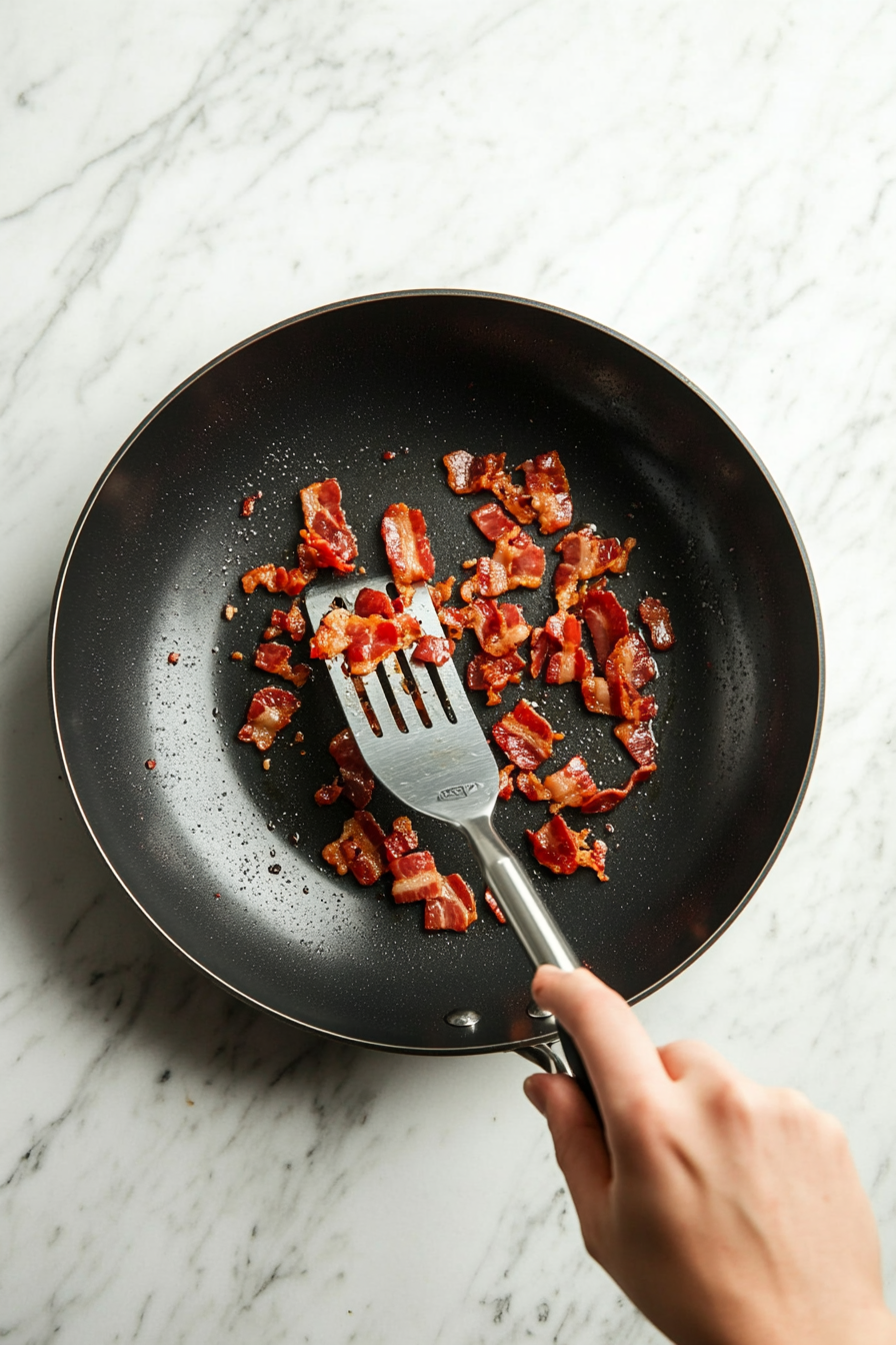 This image shows small pieces of bacon being cooked in a pan, sizzling and turning golden brown as they release their smoky flavor, forming the base for the kimchi fried rice.