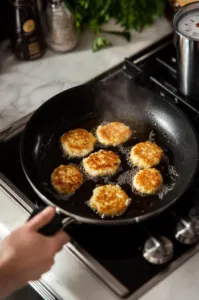 Formed crab cakes cooking in a skillet with canola oil over low to medium heat on a white marble cooktop. Golden-brown edges are forming, with a timer set for 3-5 minutes on each side. The scene highlights the crispy exterior of the crab cakes as they cook