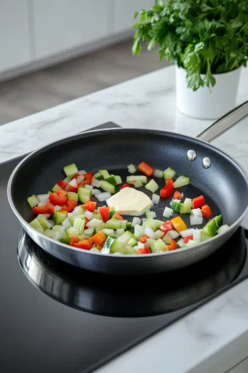 A large skillet on a white marble cooktop melting 2 tablespoons of butter with chopped onions, celery, and bell pepper being added. The scene highlights the sautéing process, showcasing the vibrant colors of the vegetables as they start to soften.