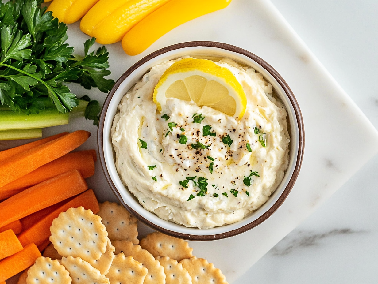 This image features a vibrant display of Cold Crab Dip, showcasing its creamy texture and rich ingredients, beautifully garnished and served with an array of crackers and fresh vegetables, ideal for any summer gathering.