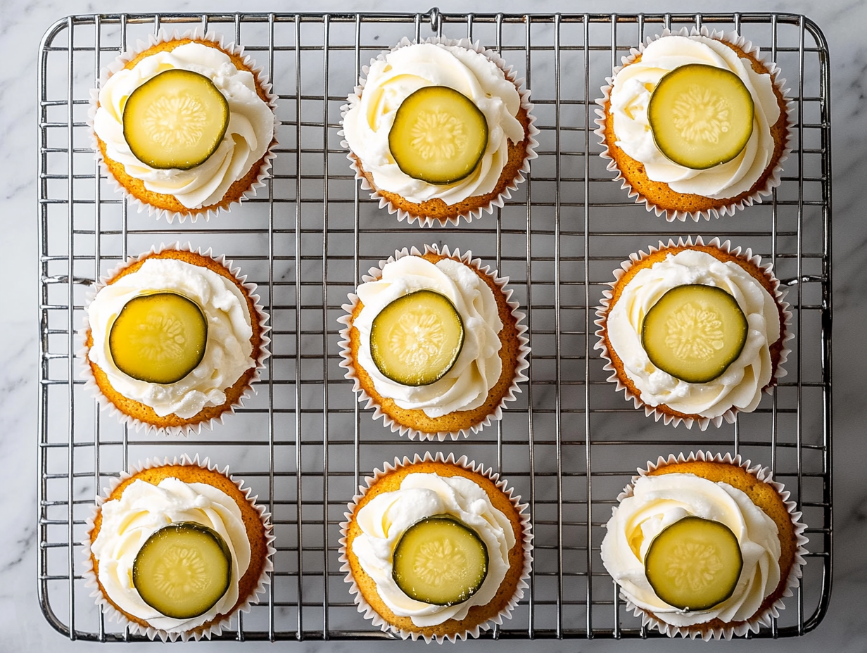 This image shows several pickle cupcakes topped with a smooth bourbon cream cheese frosting and garnished with small pickle slices, offering a visually intriguing and savory twist on a classic dessert.