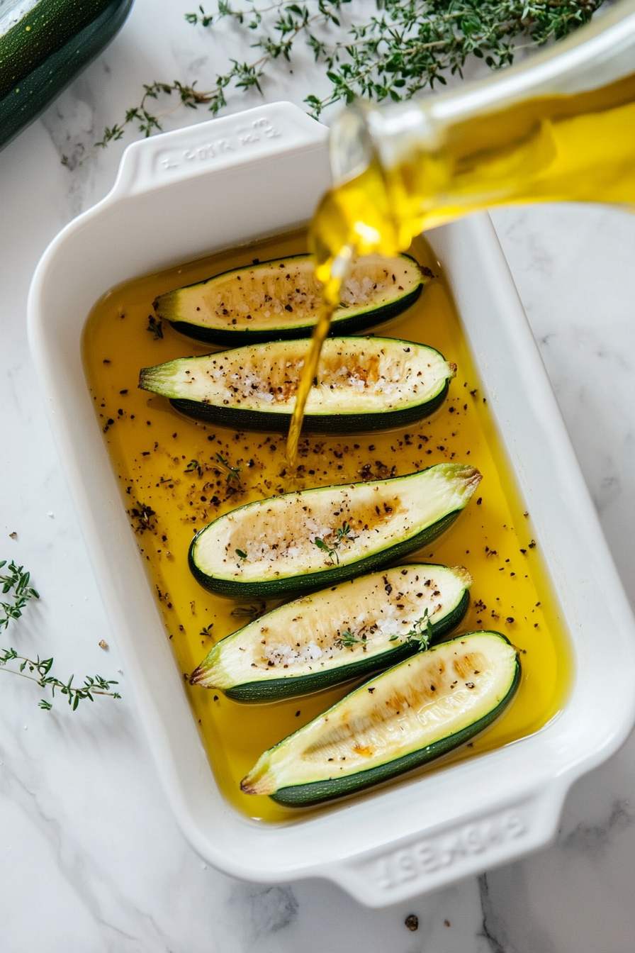 This image shows the zucchini boats being drizzled with olive oil and seasoned with salt, pepper, and thyme leaves, preparing them for baking to achieve a tender, flavorful base.