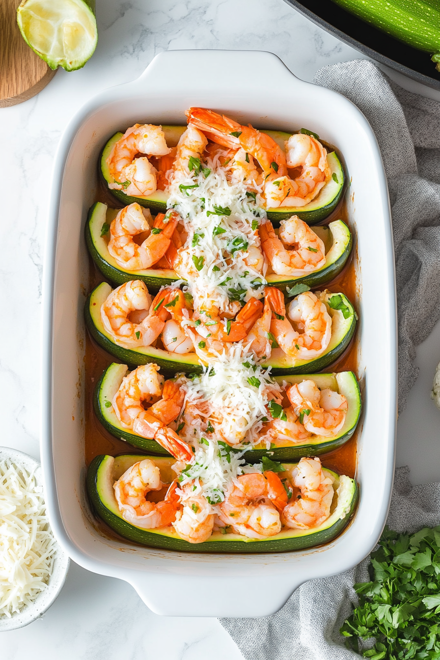 This image shows the prepared shrimp mixture being carefully scooped into the hollowed zucchini boats, ready to be topped with cheese and baked to perfection.