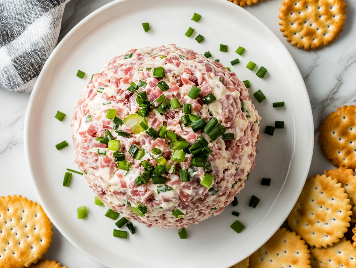 This image shows the completed chipped beef cheese ball, beautifully coated with chopped dried beef and green onions, served on a platter with crackers for a delicious and easy-to-share appetizer.