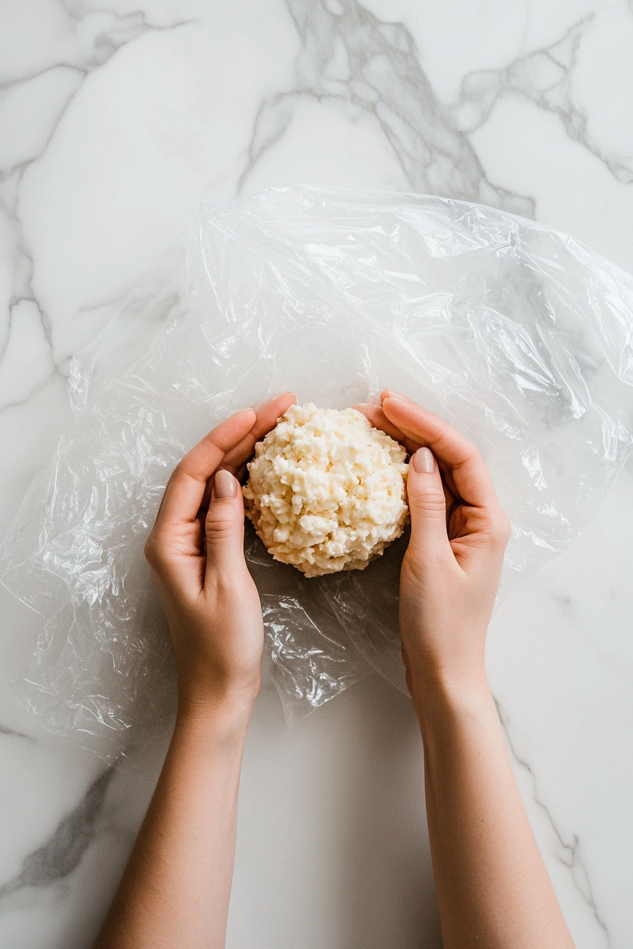 This image shows the blended cheese mixture being shaped into a smooth ball, ready to be wrapped and chilled for firmness.