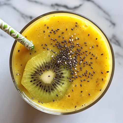 This image shows the finished Mango Kiwi Smoothie, beautifully served in a glass and garnished with fresh kiwi slices, offering a refreshing and nutritious drink perfect for any time of the day.