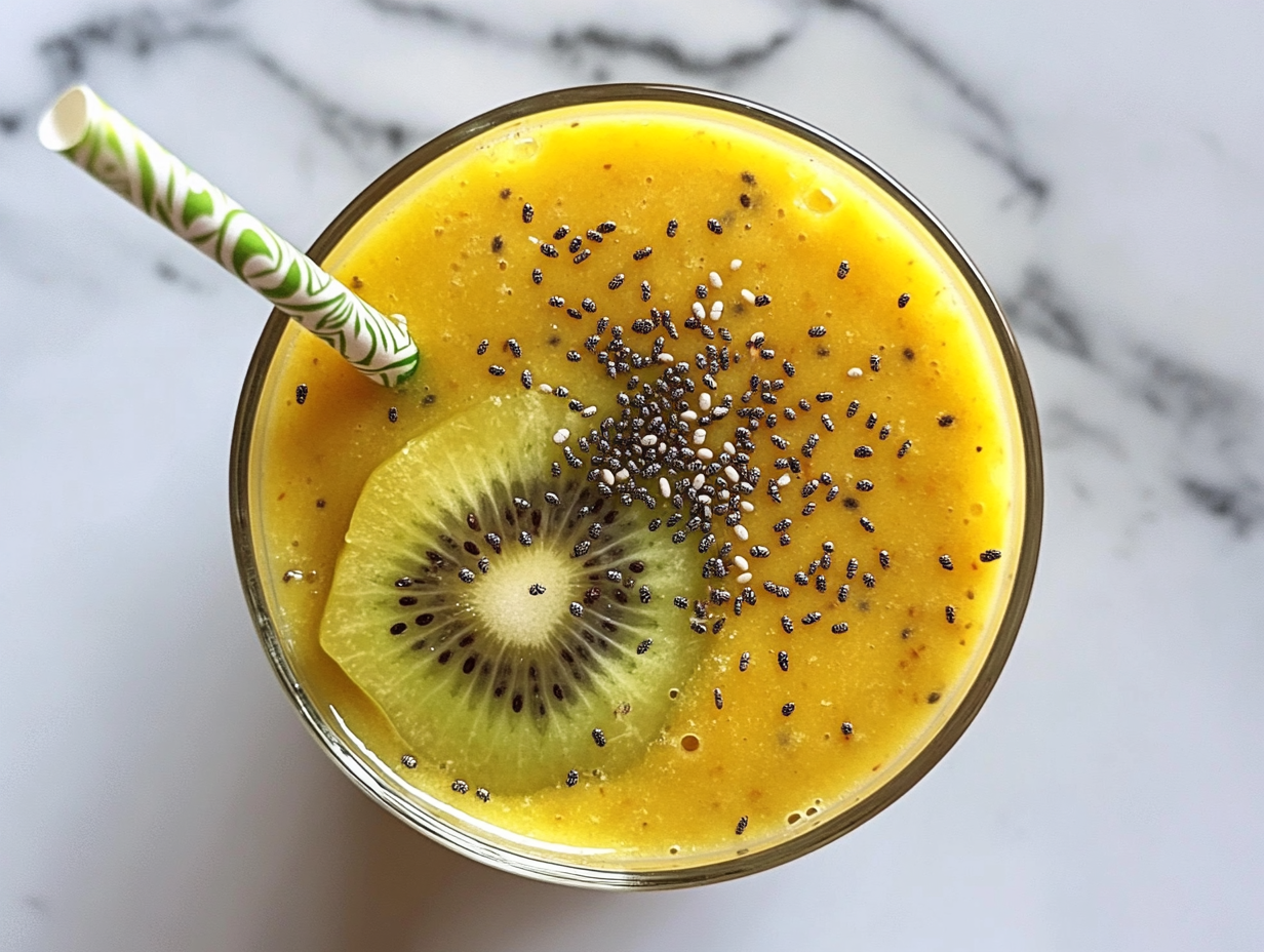 This image shows the finished Mango Kiwi Smoothie, beautifully served in a glass and garnished with fresh kiwi slices, offering a refreshing and nutritious drink perfect for any time of the day.