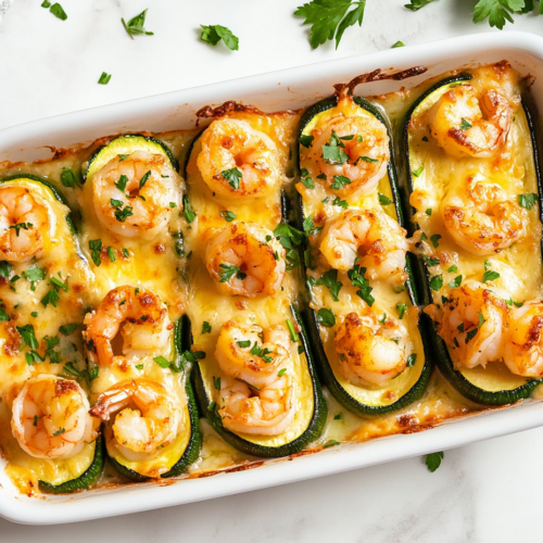 This image shows a beautifully plated dish of garlicky shrimp zucchini boats, topped with bubbly melted mozzarella and garnished with fresh parsley, showcasing the perfect blend of shrimp, zucchini, and cheese in every bite.