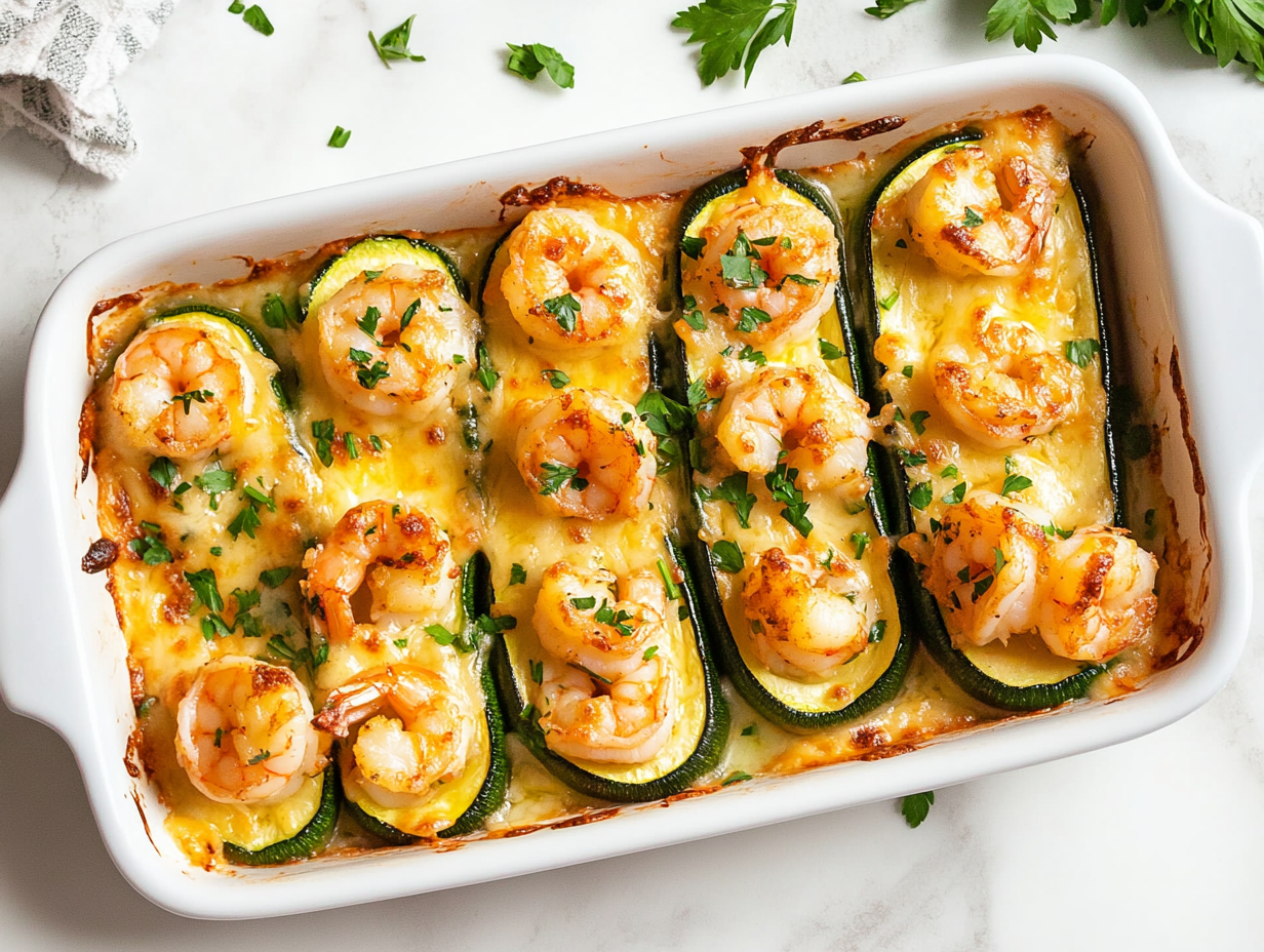 This image shows a beautifully plated dish of garlicky shrimp zucchini boats, topped with bubbly melted mozzarella and garnished with fresh parsley, showcasing the perfect blend of shrimp, zucchini, and cheese in every bite.