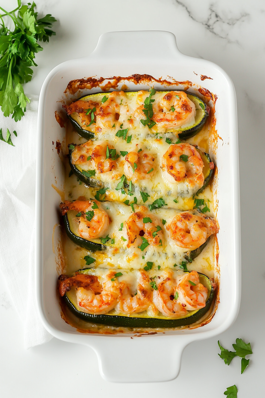 This image shows the finished zucchini boats garnished with freshly chopped parsley and grated Parmesan cheese, adding a final touch of flavor and presentation to the dish.