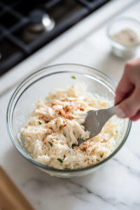 This image shows a hand gently folding in jumbo lump crab meat into the rich cheese and seasoning mixture, ensuring the crab is evenly distributed throughout the Cold Crab Dip without breaking it apart.