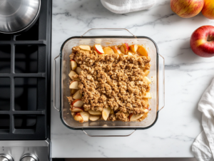 This image shows the beautifully baked apple crisp with a golden oat crumble on top, served warm in a glass baking dish, accompanied by a side of cream for a comforting autumn dessert.
