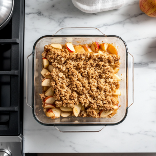 This image shows the beautifully baked apple crisp with a golden oat crumble on top, served warm in a glass baking dish, accompanied by a side of cream for a comforting autumn dessert.