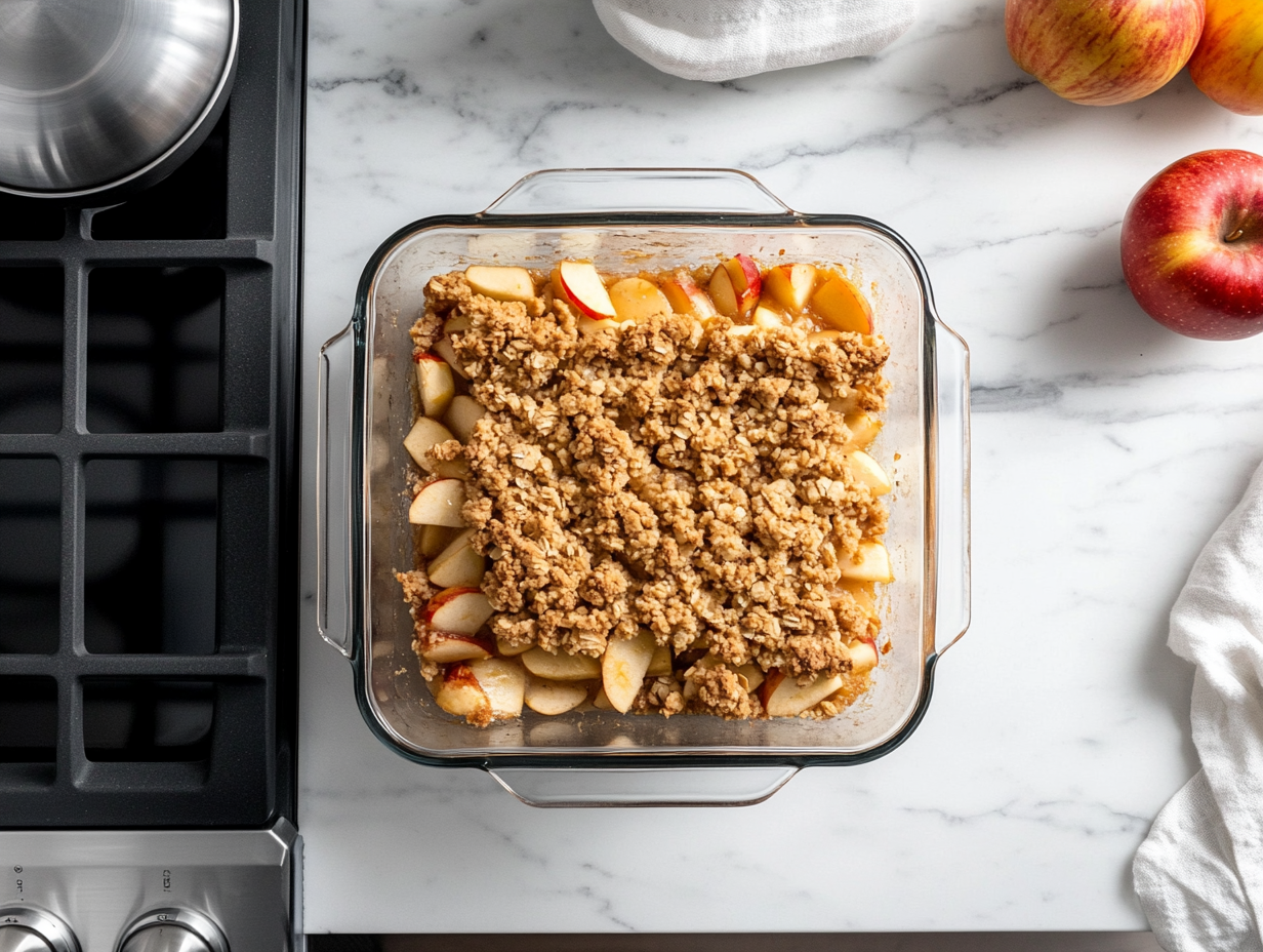 This image shows the beautifully baked apple crisp with a golden oat crumble on top, served warm in a glass baking dish, accompanied by a side of cream for a comforting autumn dessert.