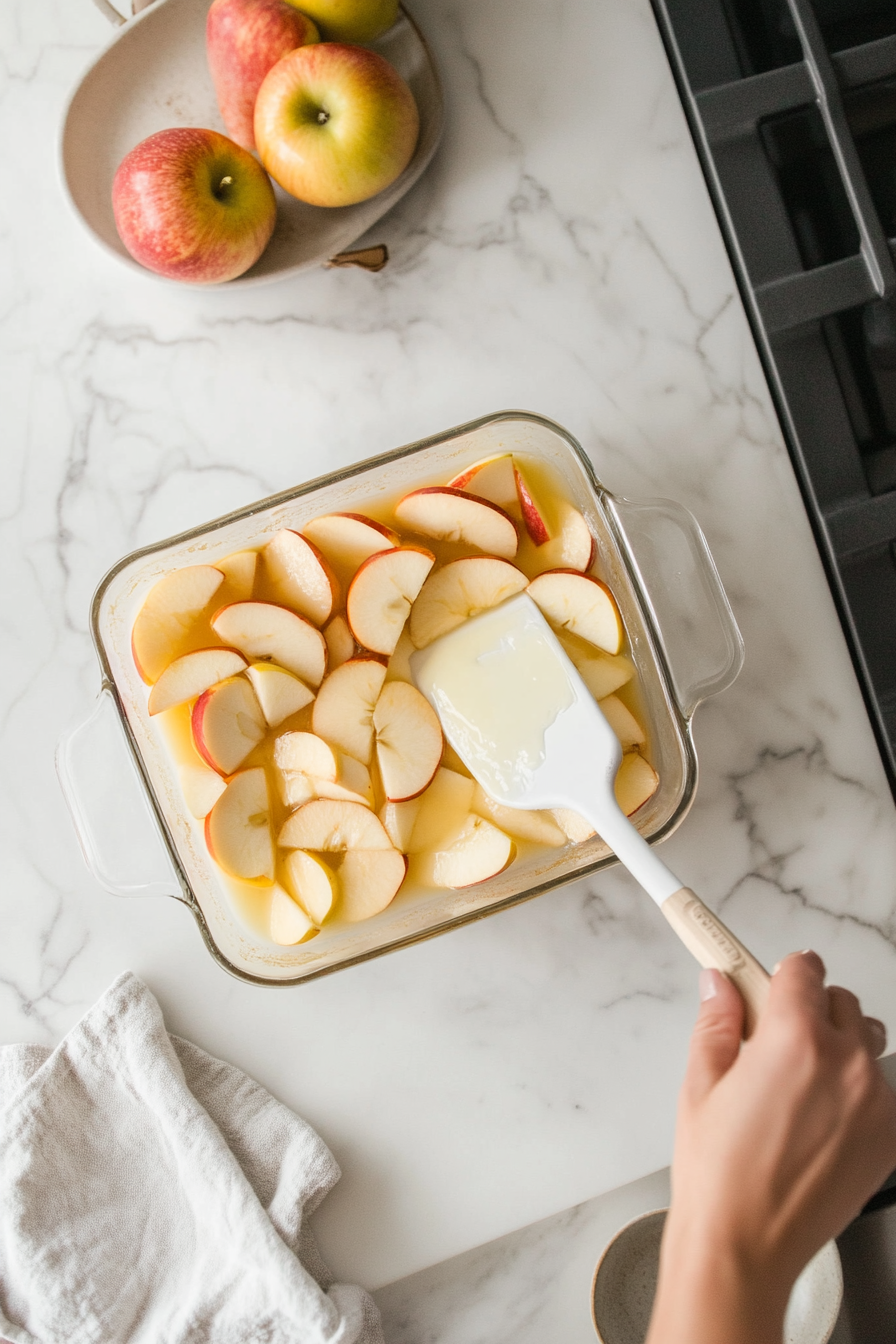 This image shows a square glass baking dish being greased with shortening, ensuring an even layer on the bottom and sides to prepare for baking the apple crisp.