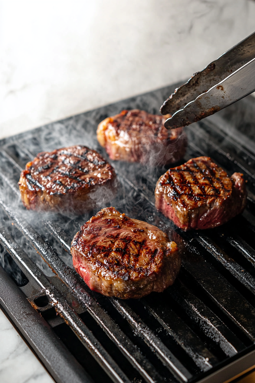 This image shows the marinated black diamond steaks sizzling on the grill over direct medium-high heat, being cooked to achieve a juicy and flavorful finish.