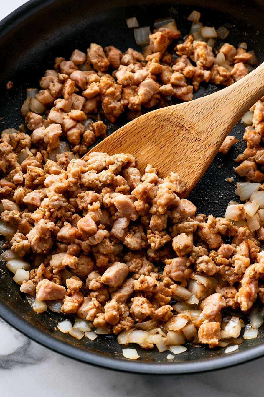 Heat a large skillet over medium-high heat. Add the olive oil if needed, followed by the ground turkey and diced onion