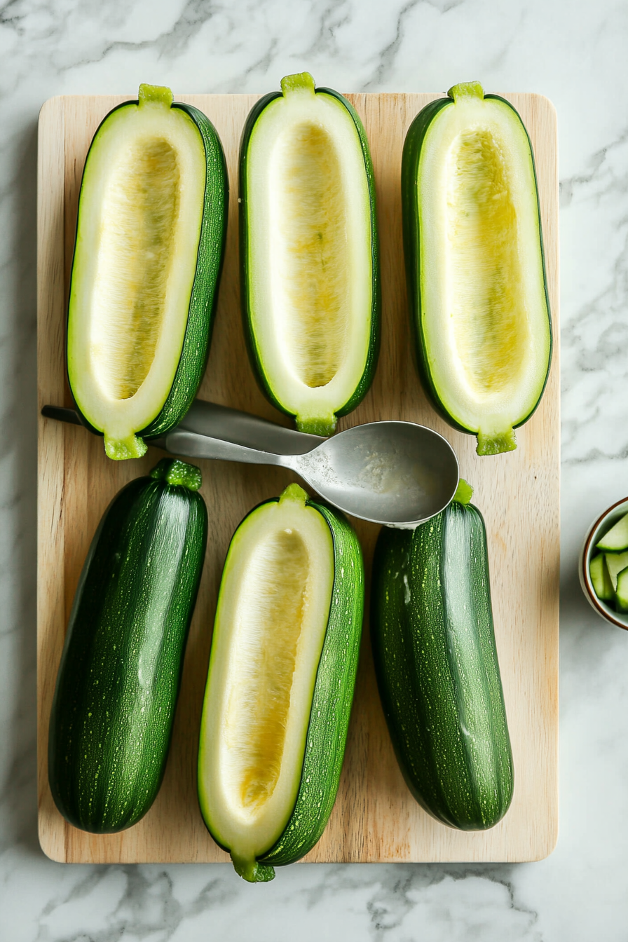 This image shows fresh zucchini being cut in half and hollowed out, creating the perfect cavity for filling with the flavorful shrimp mixture.