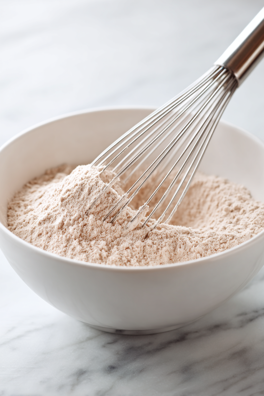 In a large mixing bowl, blend together the flour, oats, brown sugar, baking powder, baking soda, and salt.