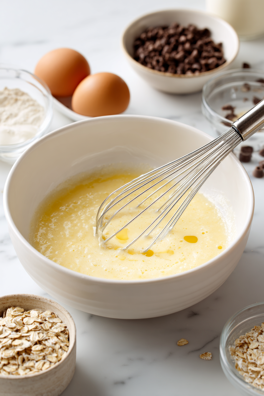In a separate bowl, whisk the eggs, oil, milk, and mashed bananas until well combined.