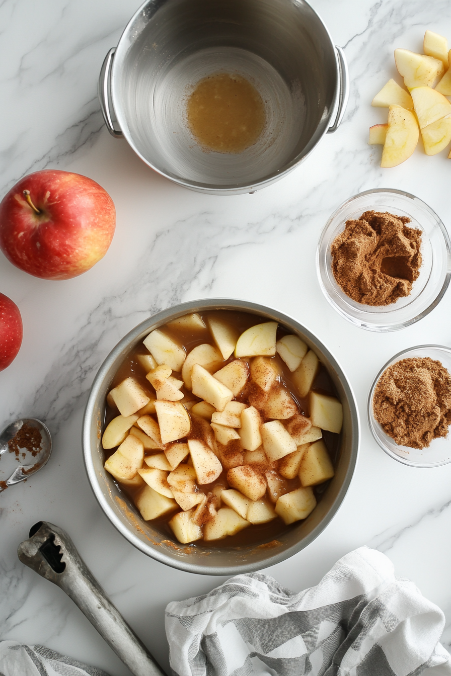 This image shows layers of batter, cinnamon-sugar coated apples, and the cinnamon topping being added to the bread pan, building the delicious layers of the apple fritter bread before baking.