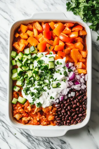 A 9x13-inch casserole dish is sprayed with cooking spray on a white marble cooktop. The black beans, diced peppers, and onions are spread evenly in the dish, and the chicken mixture is being poured over the vegetables, capturing the layering process.