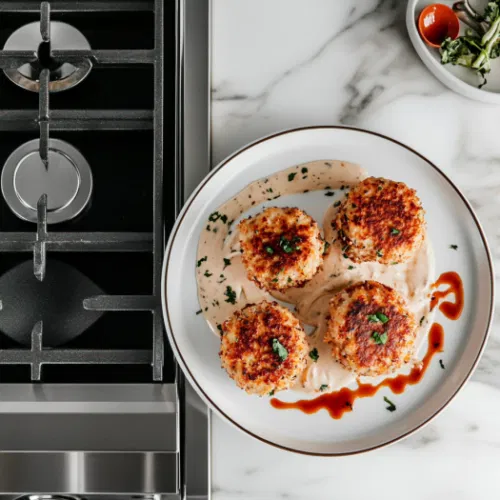 A serving plate on a white marble cooktop holding neatly arranged crab cakes. The dish is drizzled with a sauce made from mayonnaise, Creole seasoning, sweet chili sauce, paprika, and garlic powder or served on the side. The scene captures the inviting presentation of the finished crab cakes