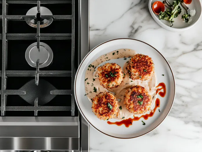 A serving plate on a white marble cooktop holding neatly arranged crab cakes. The dish is drizzled with a sauce made from mayonnaise, Creole seasoning, sweet chili sauce, paprika, and garlic powder or served on the side. The scene captures the inviting presentation of the finished crab cakes