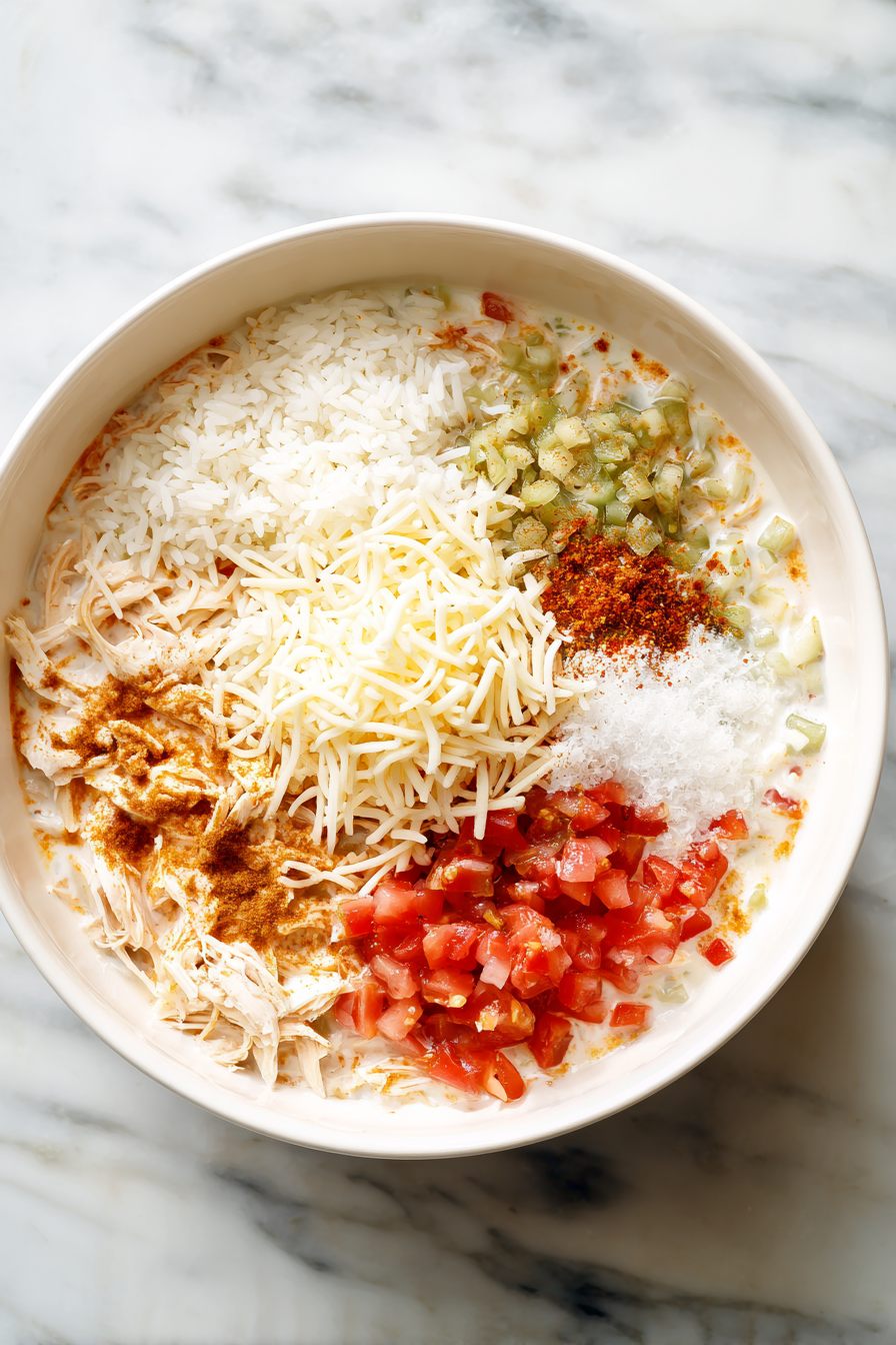 In a large bowl, mix together the chicken, uncooked rice, cream of chicken soup, sour cream, diced onion and bell pepper, tomatoes with chilies, chicken broth, fajita seasoning, and about half of the cheese.