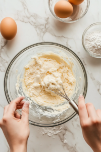 This image shows butter, sugar, eggs, and vanilla being beaten together in a large mixing bowl, creating the smooth and creamy base batter for the apple fritter bread.