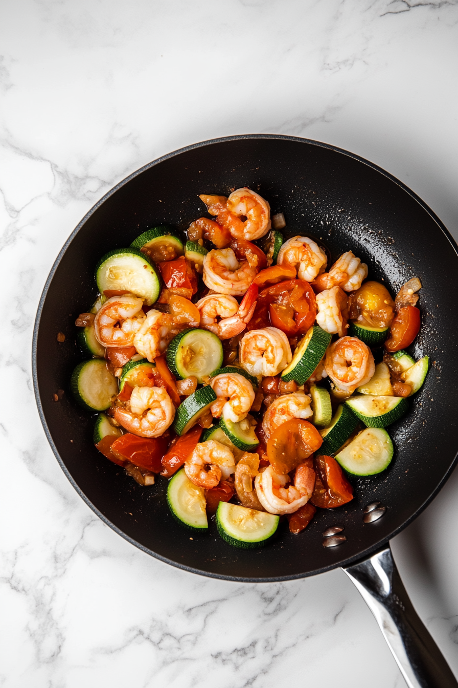 This image shows the cooked shrimp being mixed with tomatoes, garlic, and the reserved zucchini insides in a skillet to create a flavorful shrimp filling for the zucchini boats.