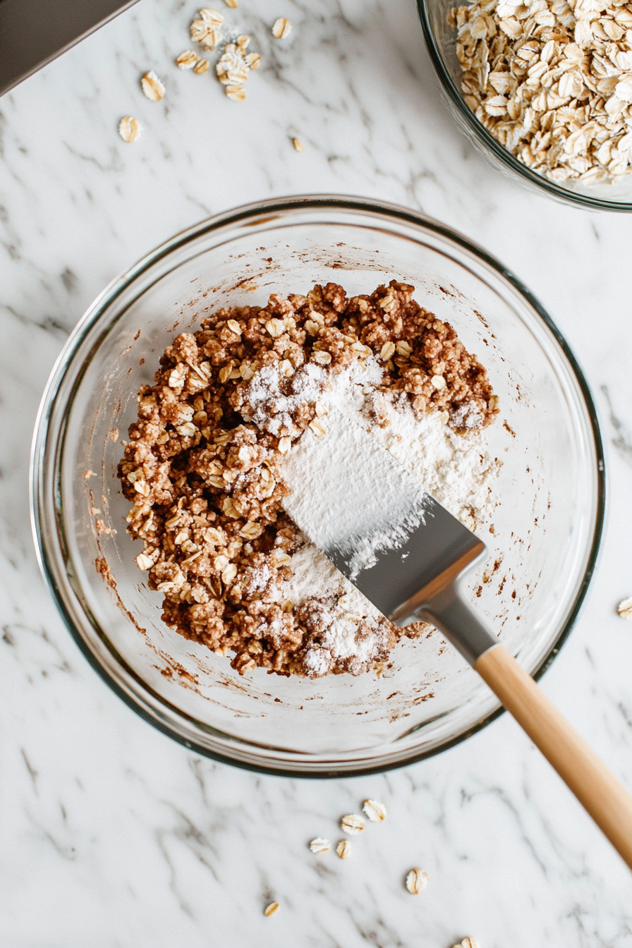 This image shows a mixing bowl with oats, flour, brown sugar, and softened butter being combined to create the crumbly topping for the apple crisp.